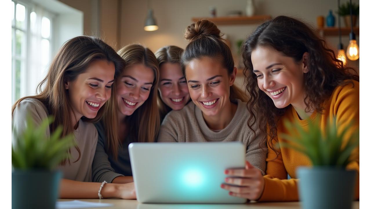 Srećna grupa ljudi okupljenih oko laptopa, simbolizujući online wellness zajednicu Životne Niti, sa elementima prirode i svetlim bojama.
