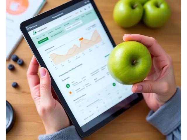 Ruke drže zeleno jabuče i tablet sa grafikonima