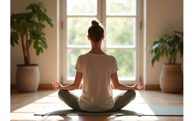 Žena meditira u ranim jutarnjim satima, sunce je obasjava.