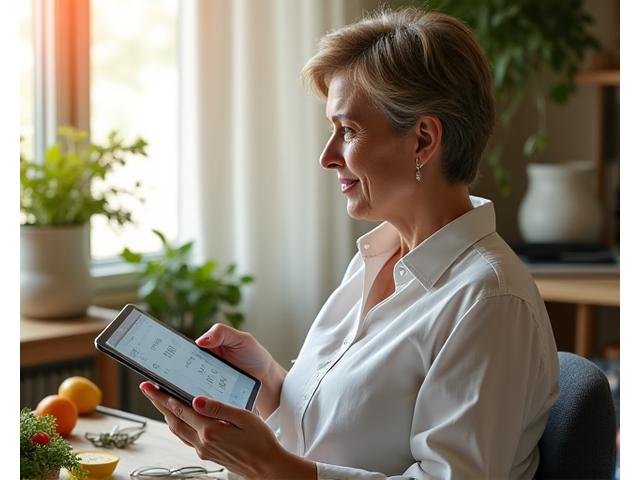Žena sa naočarima koja optimistično gleda prema budućnosti, dok pregleda tablet sa grafikonima zdrave hrane i statistike, simbolizujući učenje i napredak u ishrani. Boje su tople i prijatne.