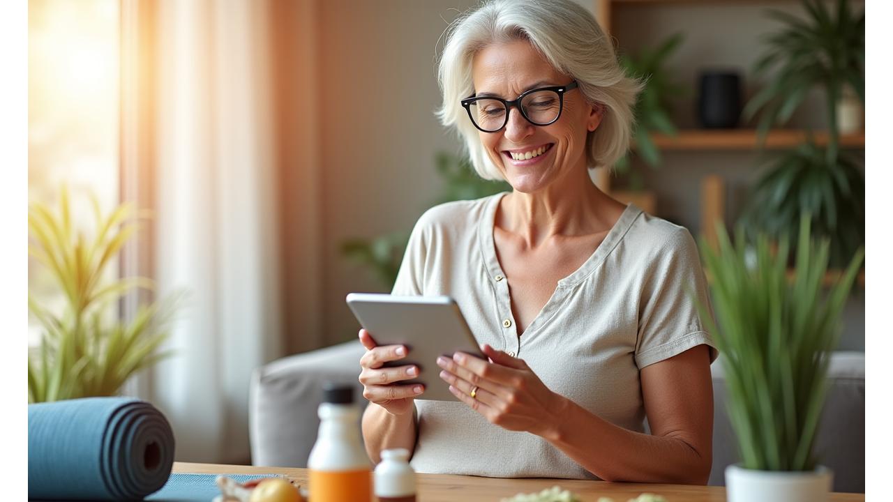 Zadovoljna žena srednjih godina drži u ruci tablet sa natpisom 'Ekskluzivne ponude', okružena wellness proizvodima.