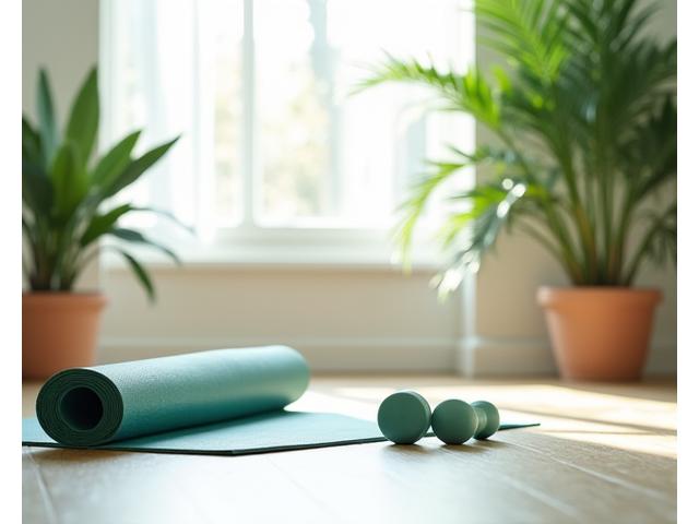 Yoga prostirka, lagane tegove i trake za otpor u svetlom, prostranom sobi za vežbanje.