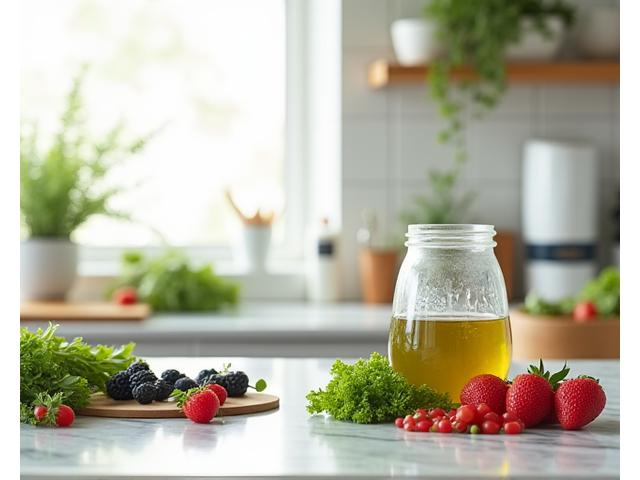 Moderna, čista kuhinja sa zdravim sastojcima i blenderom na pultu.