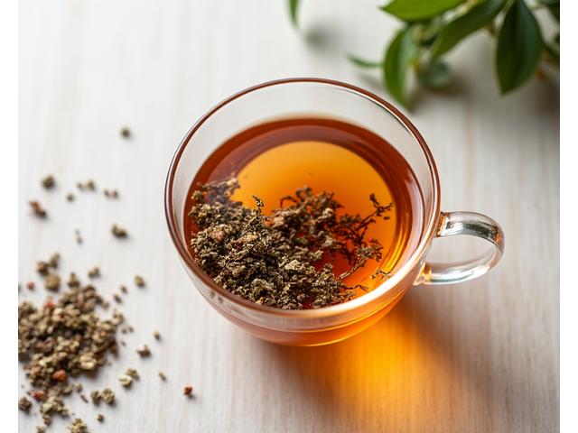 Šolja aromatičnog biljnog čaja SereniTea sa sušenim biljem i cvećem na stolu.