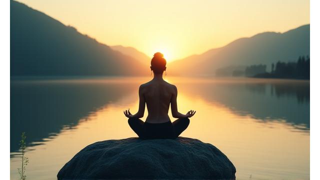 Osoba meditira na obali mirnog jezera, simbolizujući unutrašnji mir i mentalnu jasnoću.
