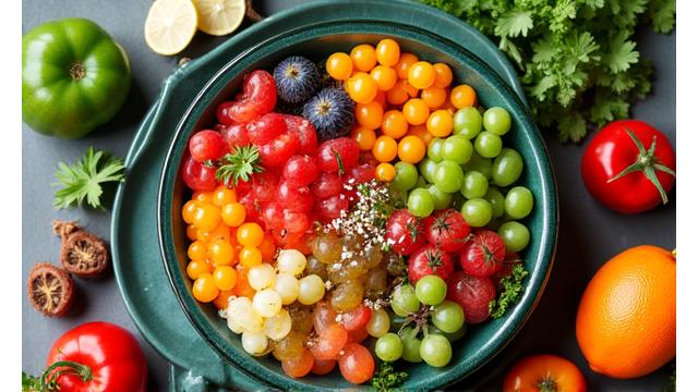 Šareno, sveže servirano jelo bogato voćem i povrćem, naglašava zdravu ishranu i gastronomiju.