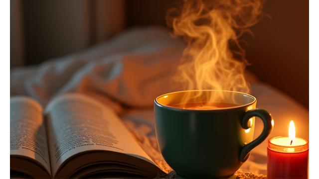 Šolja čaja na stolu pored otvorene knjige i sveće, stvarajući toplu i opuštajuću atmosferu za večernju rutinu.